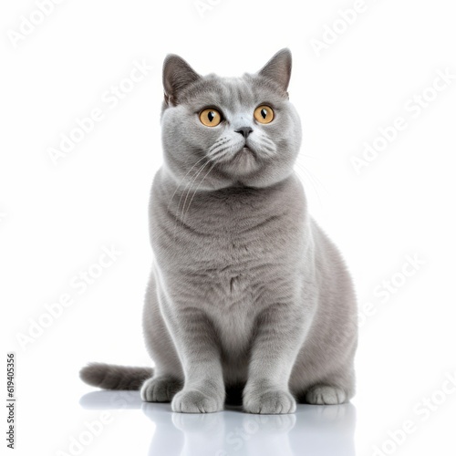 AI generated illustration of a British Shorthair cat perched atop a white background