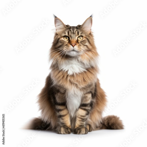 AI generated illustration of a mackerel tabby Maine shag cat perched atop a white background