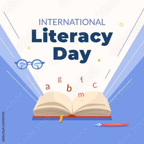 Literacy day poster. World international literature national education concept, read student or teacher open book art of motivational teaching library knowledge vector illustration