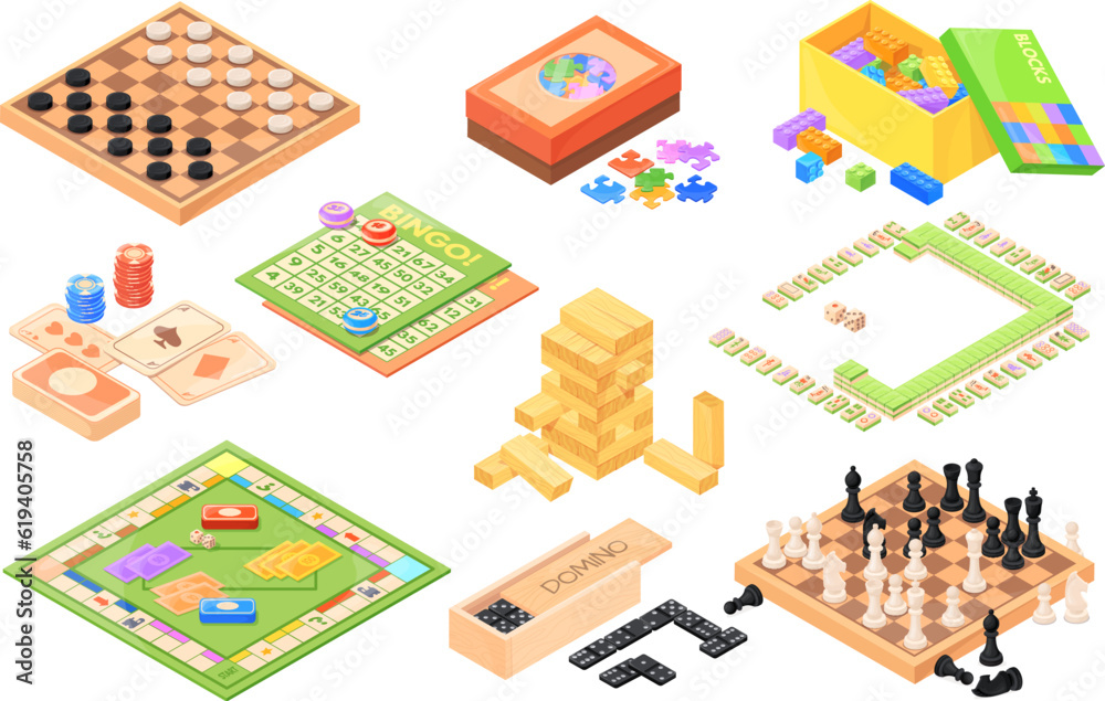 Isometric board games. Various boardgames collection, miniature strategy table game for family fun playing checker chess bingo money card mahjong dice