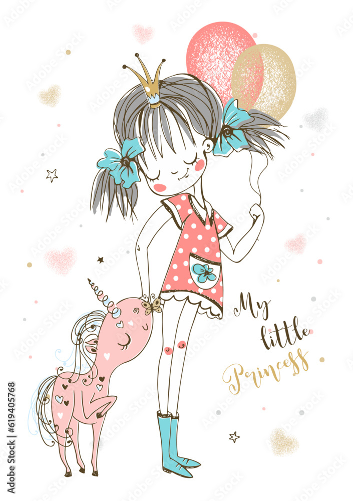 Little cute Princess combs the mane of her unicorn. Vector Little cute Princess combs the mane of her unicorn. Vector