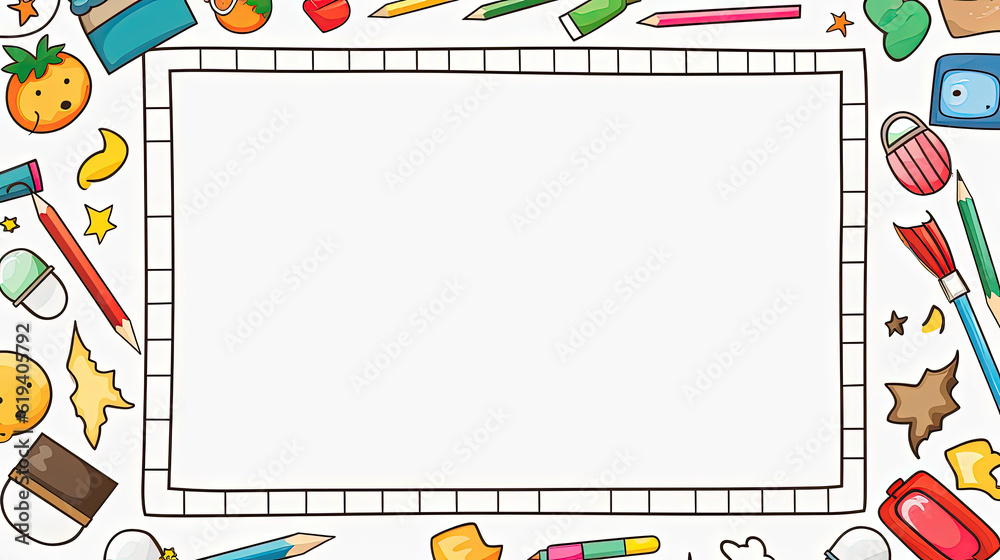 Kids School Supplies Paper Frame with a Minimalistic White Background