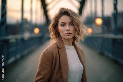AI generated illustration of a woman with blonde hair stands on a bridge looking at the camera