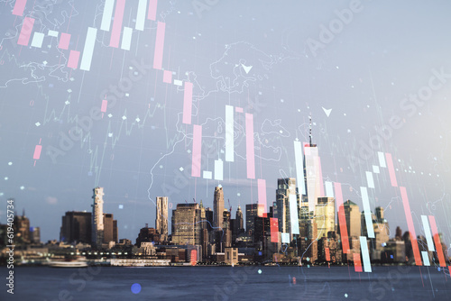 Economic crisis chart and world map hologram on New York cityscape background, bankruptcy and recession concept. Multiexposure