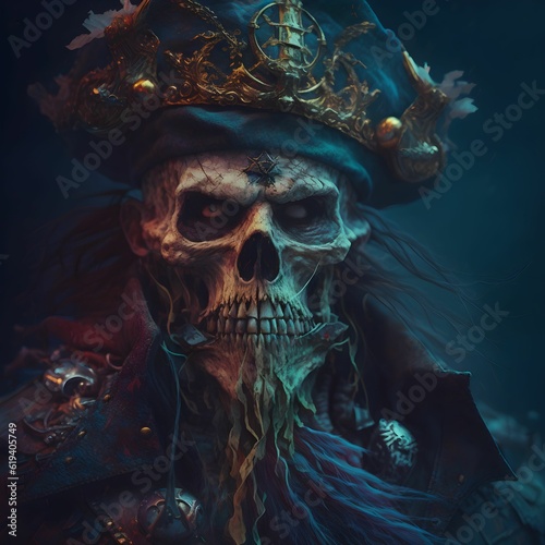 AI generated illustration of A pirate skeleton   complete with a hat and a long beard