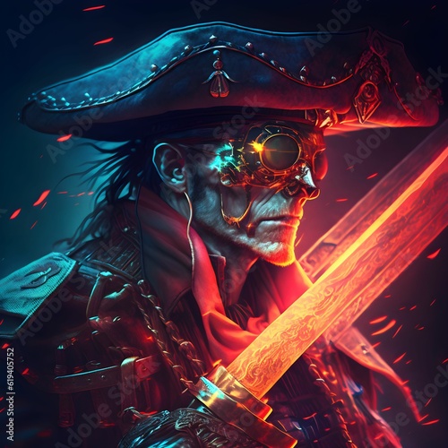AI generated illustration of An image of a determined pirate standing in a menacing pose photo