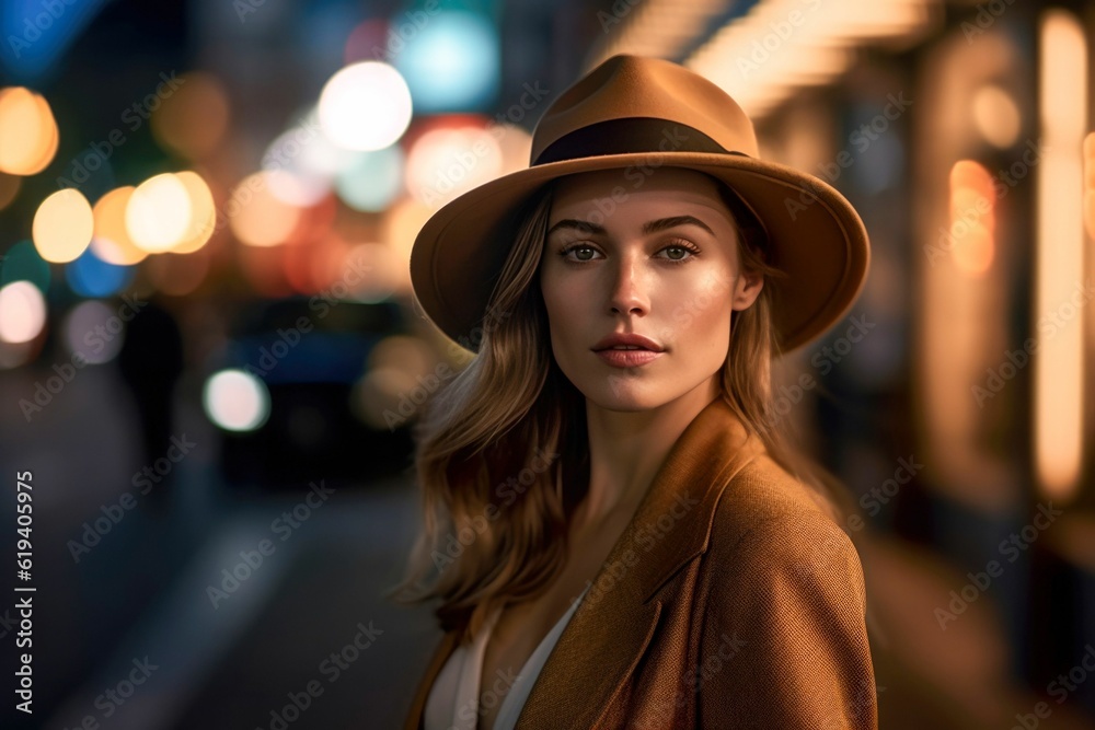 AI generated illustration of a beautiful woman posing, in a stylish hat AI generated illustration of a beautiful woman posing, in a stylish hat
