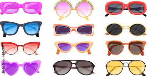 Sun spectacles. Various trendy sunglasses with different lens, fashion black glasses cool shades eyewear plastic eyeglasses sunlight goggles collection set neat vector illustration