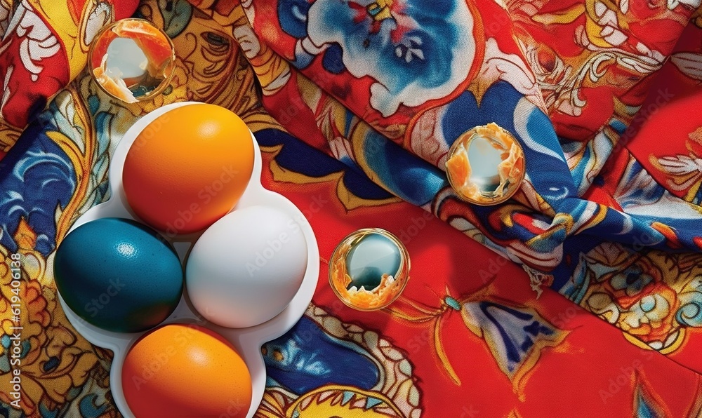  three eggs and three balls on a colorful cloth with a flower pattern.  generative ai