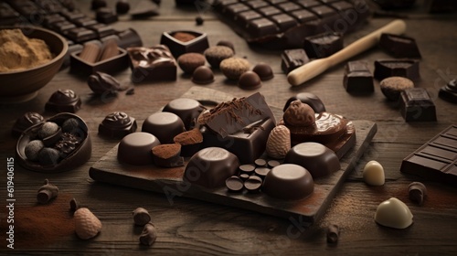 A rustic wooden cutting board overflowing with delicious chocolates and other assorted treats