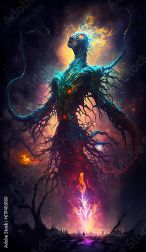 An AI generated illustration of a scary god-like creature with flowing waves