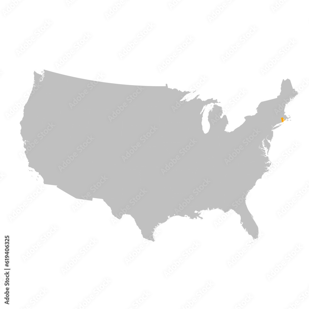Vector map of the state of Rhode Island highlighted highlighted in bright orange on a map of United States of America.