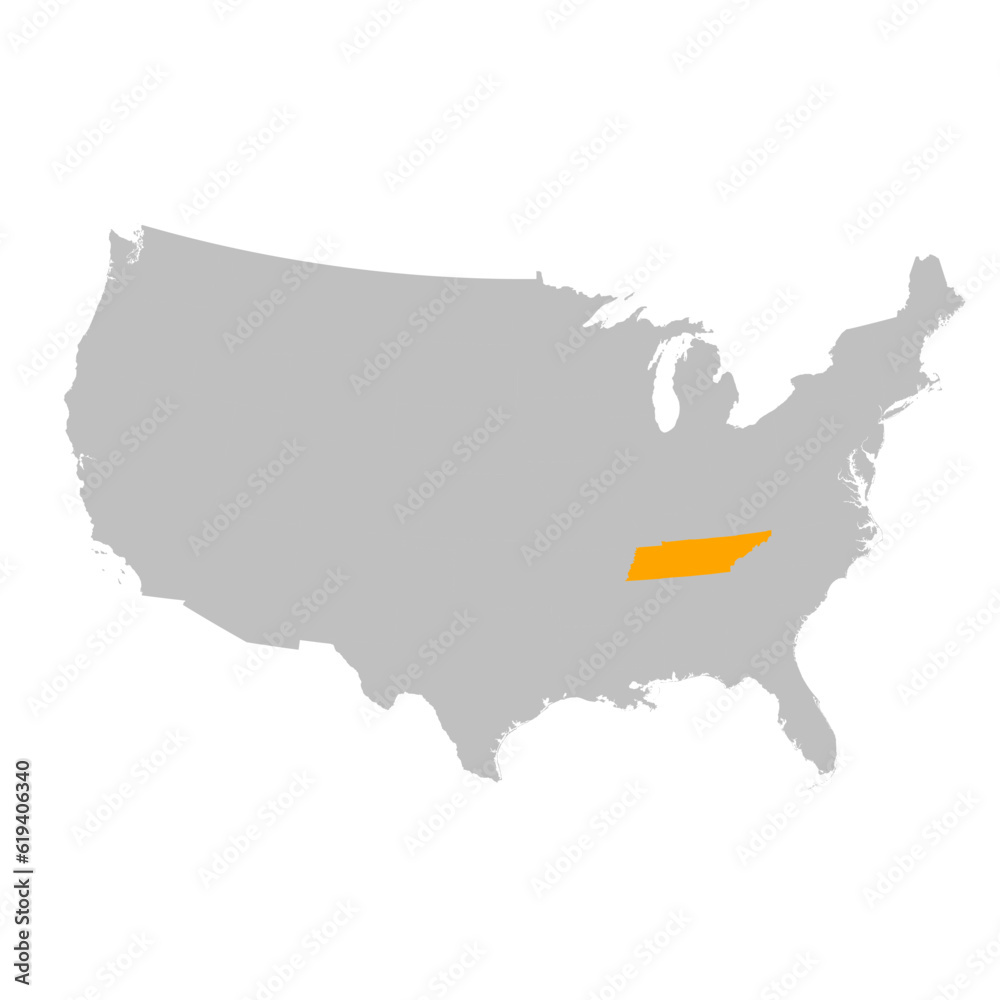 Fototapeta premium Vector map of the state of Tennessee highlighted highlighted in bright orange on a map of United States of America.
