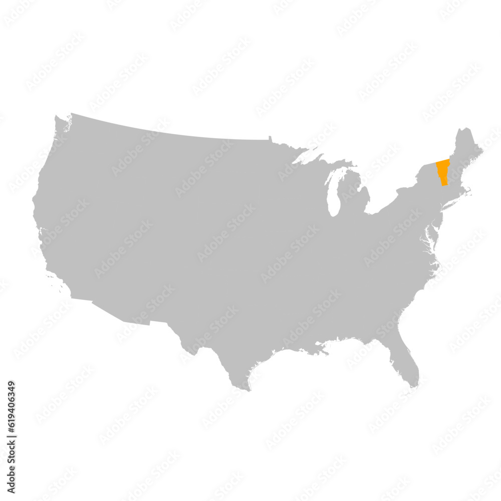 Vector map of the state of Vermont highlighted highlighted in bright orange on a map of United States of America. Vector map of the state of Vermont highlighted highlighted in bright orange on a map of United States of America.