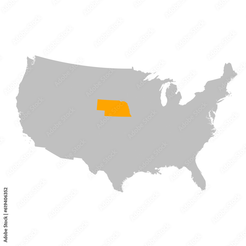 Vector map of the state of Nebraska highlighted highlighted in bright orange on a map of United States of America. Vector map of the state of Nebraska highlighted highlighted in bright orange on a map of United States of America.