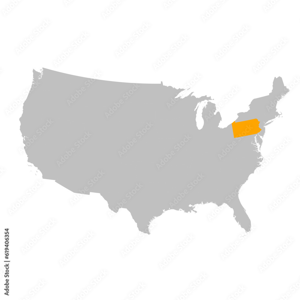 Vector map of the state of Pennsylvania highlighted highlighted in bright orange on a map of United States of America. Vector map of the state of Pennsylvania highlighted highlighted in bright orange on a map of United States of America.