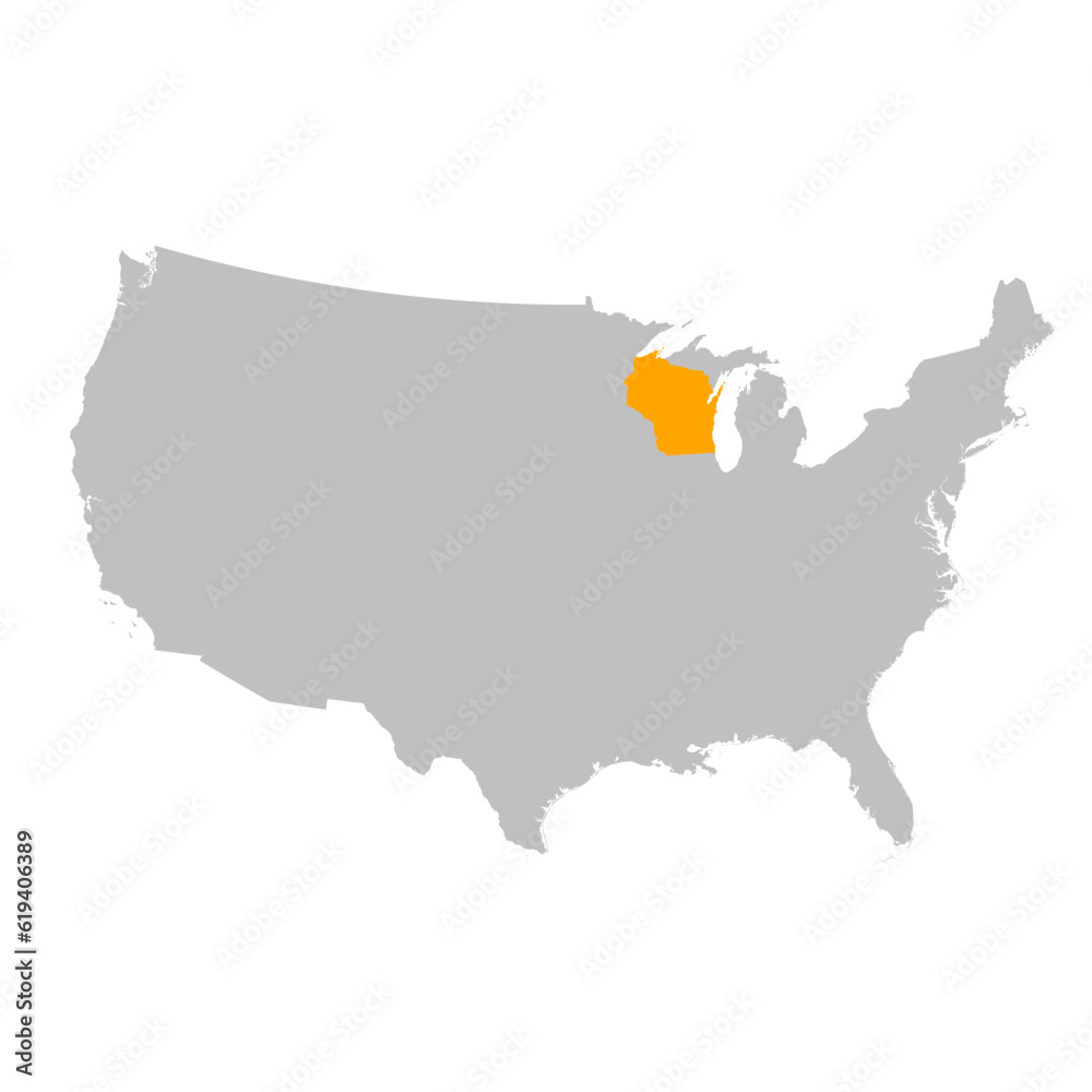 Vector map of the state of Wisconsin highlighted highlighted in bright orange on a map of United States of America. Vector map of the state of Wisconsin highlighted highlighted in bright orange on a map of United States of America.