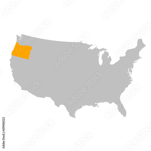 Vector map of the state of Oregon highlighted highlighted in bright orange on a map of United States of America.