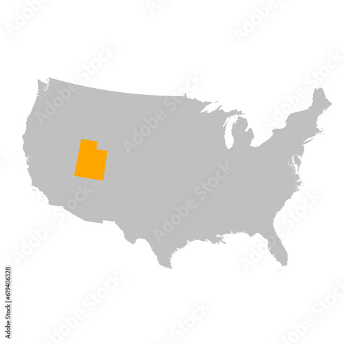 Vector map of the state of Utah highlighted highlighted in bright orange on a map of United States of America.