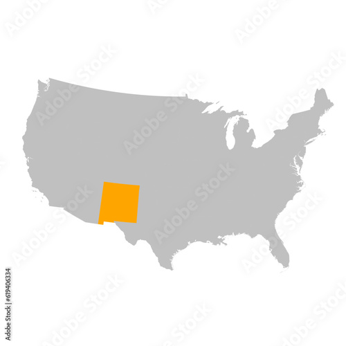 Vector map of the state of New Mexico highlighted highlighted in bright orange on a map of United States of America.
