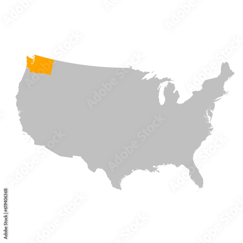 Vector map of the state of Washington highlighted highlighted in bright orange on a map of United States of America.