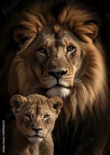 AI generated illustration of a proud lion and its cub together on a black background © Zomh/Wirestock Creators