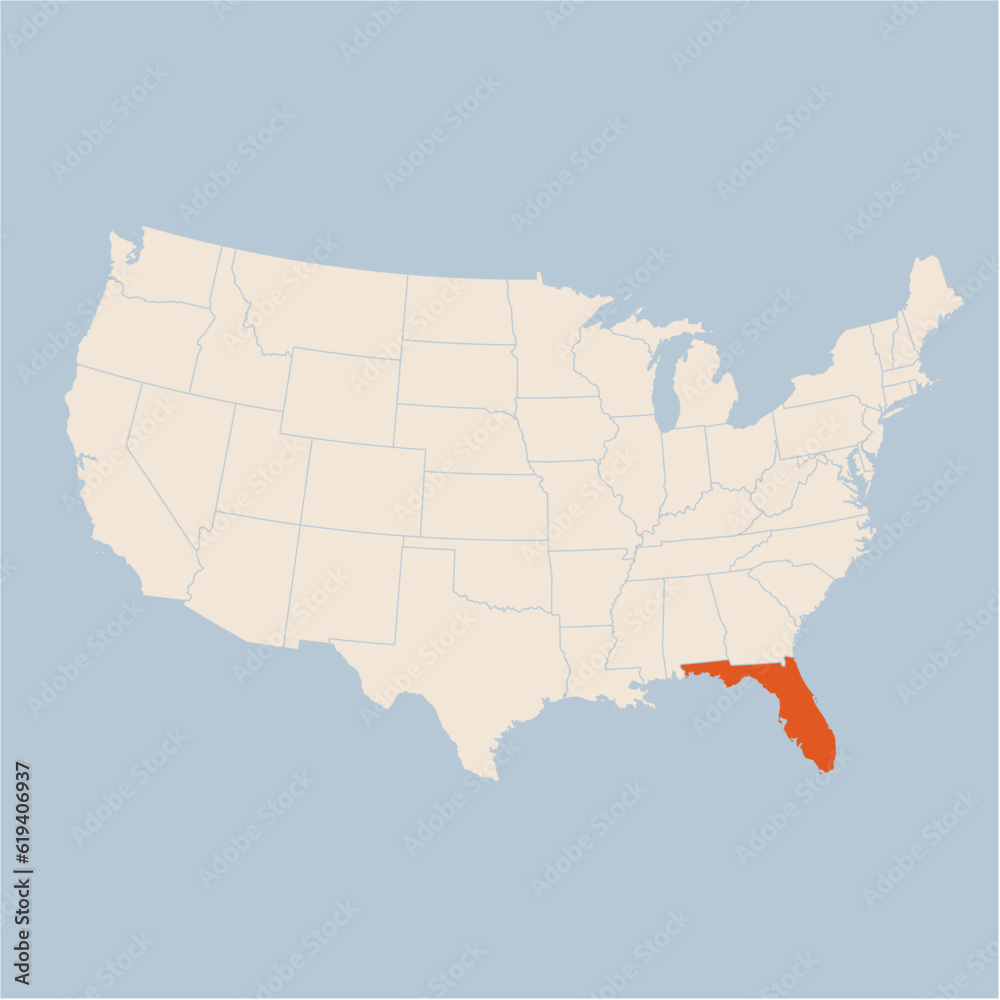 Vector map of the state of Florida highlighted highlighted in pastel orange on a beige map of United States of America.