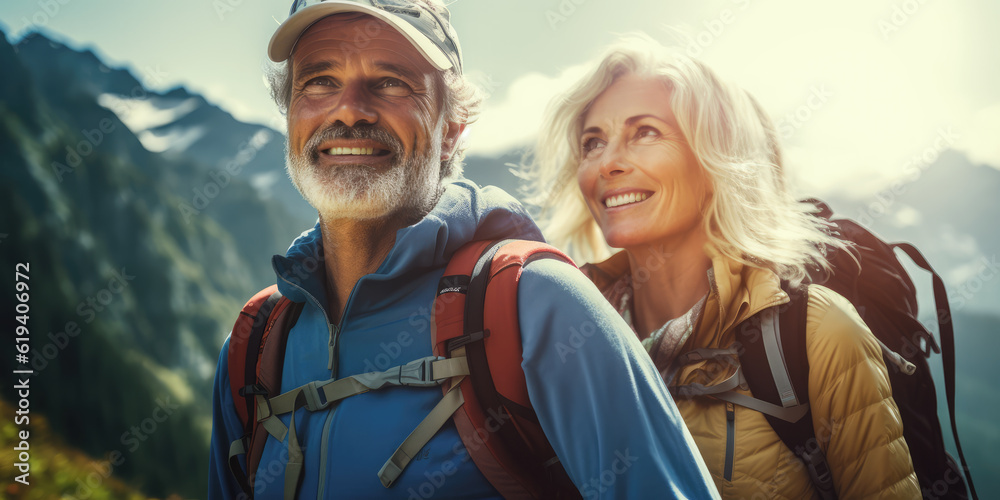 trekking senior couple mature elderly male and female with backpacks hiking mountain trail concept of active traveling lifestyle expedition backpacking and camping. generative ai