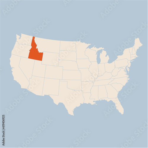 Vector map of the state of Idaho highlighted highlighted in pastel orange on a beige map of United States of America.