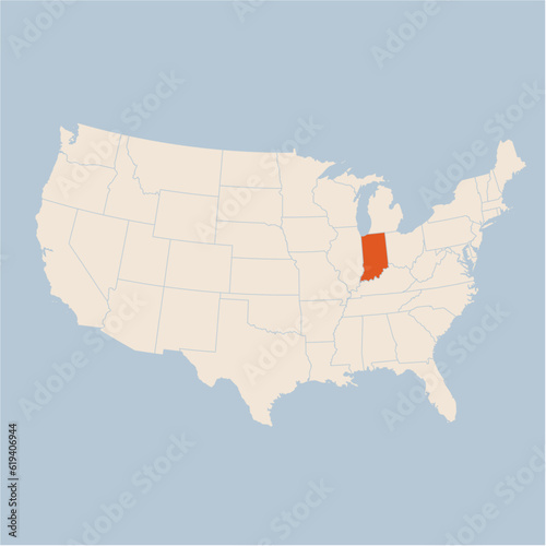 Vector map of the state of Indiana highlighted highlighted in pastel orange on a beige map of United States of America.