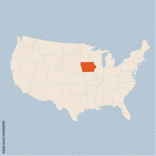 Vector map of the state of Iowa highlighted highlighted in pastel orange on a beige map of United States of America.