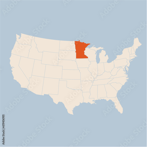 Vector map of the state of Minnesota highlighted highlighted in pastel orange on a beige map of United States of America.