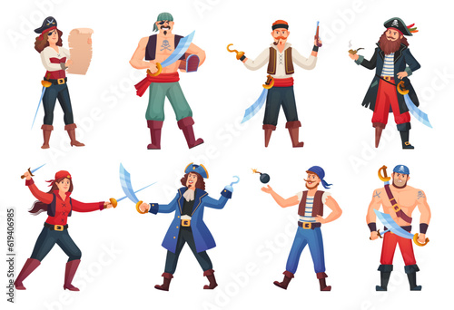 Corsairs characters. Cartoon pirates character  people in pirate costume corsair captain with hook hand sea rover happy sailors or buccaneer man pirat ingenious vector illustration