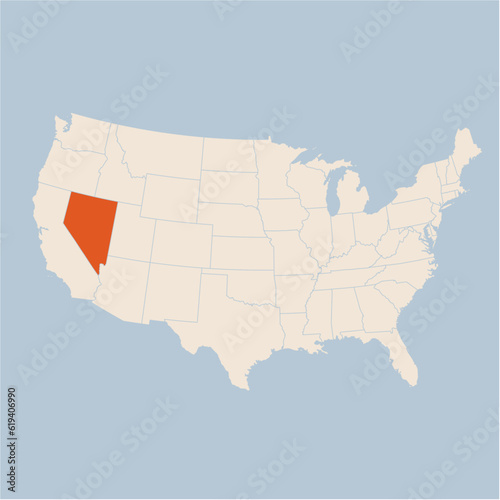 Vector map of the state of Nevada highlighted highlighted in pastel orange on a beige map of United States of America.