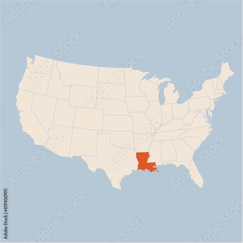Vector map of the state of Louisiana highlighted highlighted in pastel orange on a beige map of United States of America.