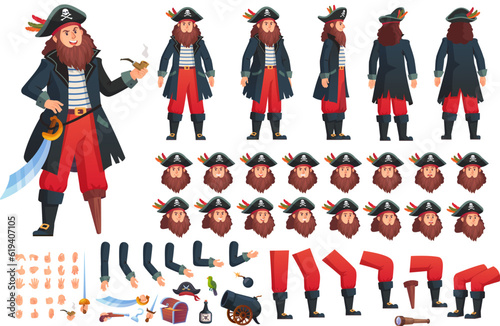 Pirate animation. 2d pirat animated character  cartoon man in pirates costume comic villain creation captain sailor motion corsair