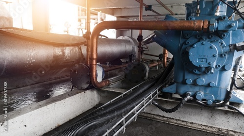 Evaporator pipe line on a chiller machine wrapped with an air damper. photo