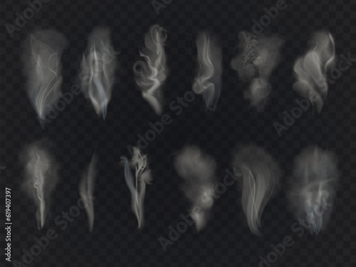 Realistic smoke steam. Natural vapour from coffee tea or hot food, 3d smoky curls effect and hookah fumes, vape cigarette warm cup smell boil drinks, set exact vector illustration