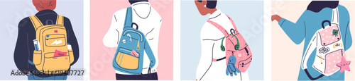 Students rear view. Backside teen student with backpack behind back teenager tourist backpacker trip, girl or boy posterior people knapsack school bag classy vector illustration