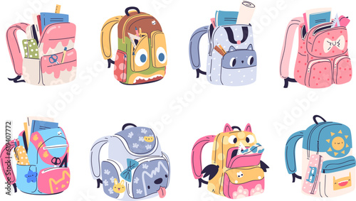Schoolbags and knapsacks. Colorful open backpacks with stationery school equipment, kids bag for study accessories textbook copybook, rucksack on zipper classy vector illustration