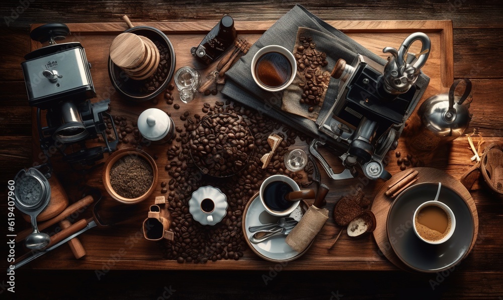 a wooden table topped with lots of different types of coffee. generative ai a wooden table topped with lots of different types of coffee. generative ai