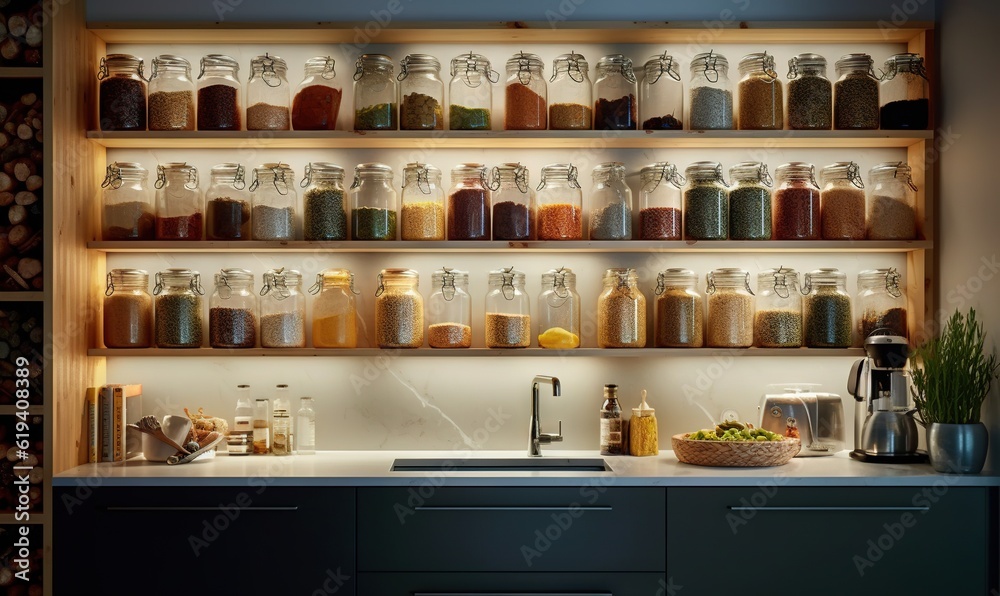  a kitchen filled with lots of different types of jars on a wall.  generative ai