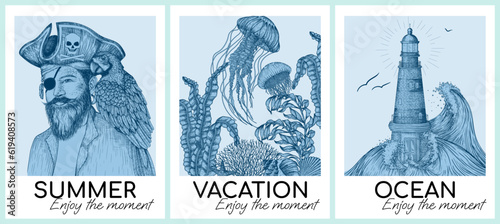 Vector illustration of a set of 3 nautical posters. Pirate with a parrot, a seabed with jellyfish and a lighthouse