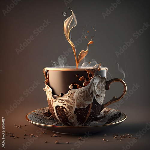 Mug of hot coffee in art style. Generative AI.