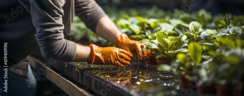 close-up of gardener's hands working in the greenhouse or cultivation