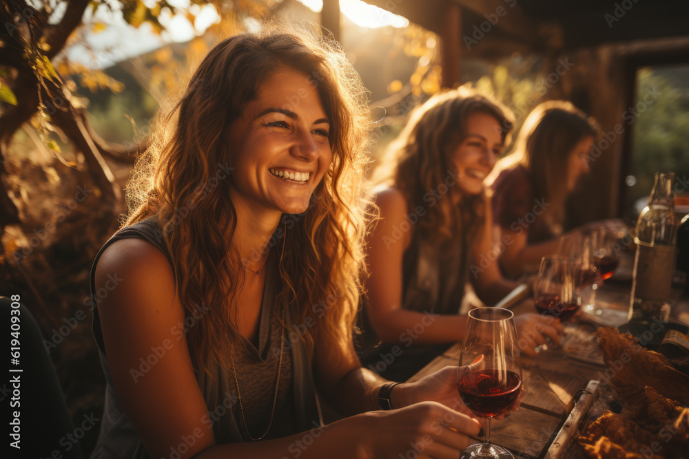 Vineyard Celebration: A Happy Group of Friends Embraces the Joy of Wine Tasting, Marking Moments of Friendship, Toasts, Celebration, and Engagement in a Picturesque Vineyard.

