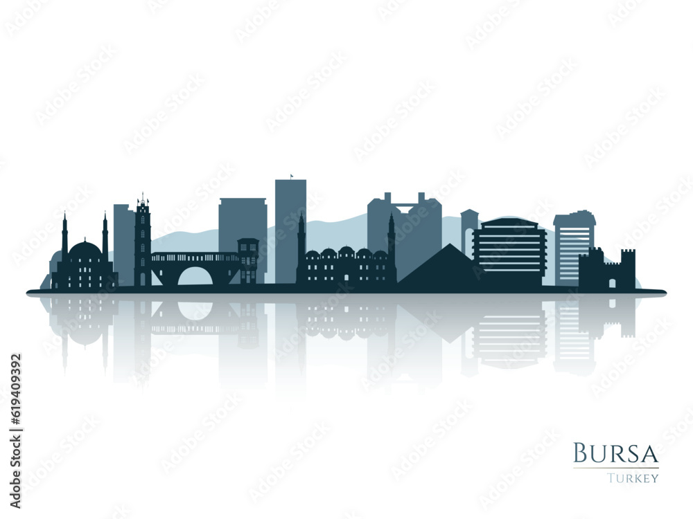 Naklejka premium Bursa skyline silhouette with reflection. Landscape Bursa, Turkey. Vector illustration.