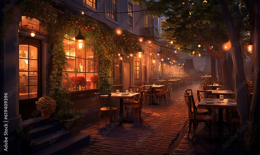  a restaurant with tables and chairs on a cobblestone street.  generative ai