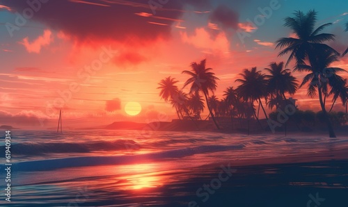  a painting of a sunset on a beach with palm trees. generative ai