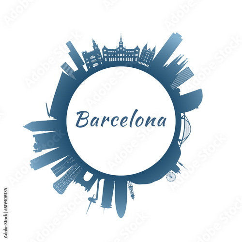 Barcelona skyline with colorful buildings. Circular style. Stock vector illustration.